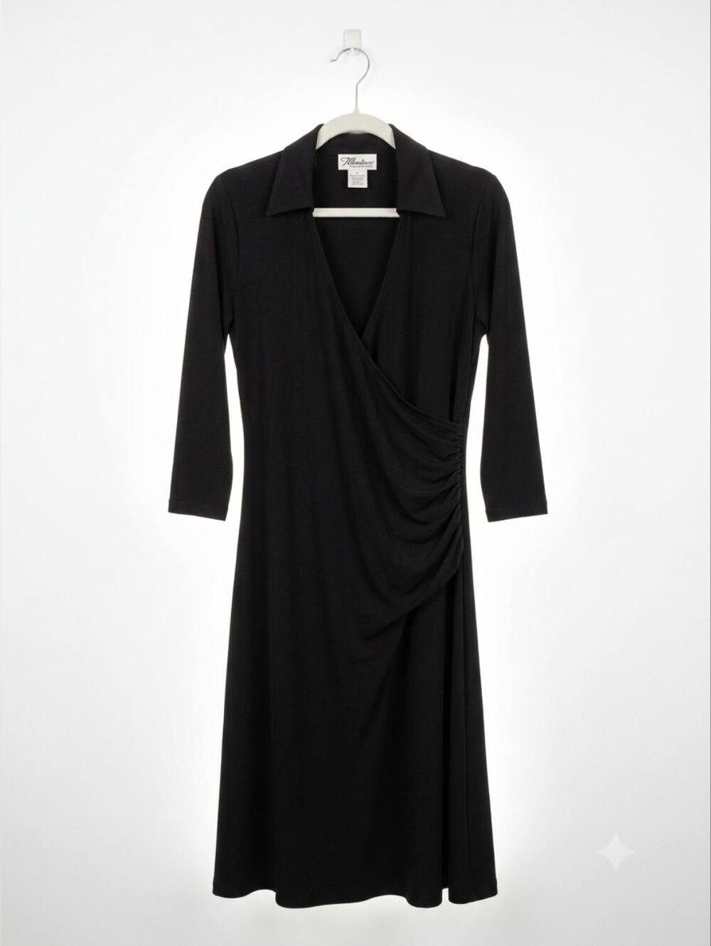 Midtown Black Wrap Front Midi Dress – Ruched Waist Collar Long Sleeve – Size Med